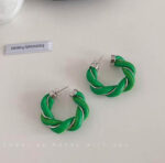 LEATHER WOOVEN C SHAPE SILVER NEEDLE HOOPS GREEN - Image 2