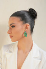 LEATHER WOOVEN C SHAPE SILVER NEEDLE HOOPS GREEN - Image 3