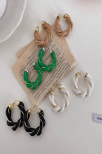LEATHER WOOVEN C SHAPE SILVER NEEDLE HOOPS GREEN - Image 4