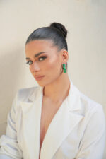 LEATHER WOOVEN C SHAPE SILVER NEEDLE HOOPS GREEN - Image 5