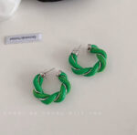 LEATHER WOOVEN C SHAPE SILVER NEEDLE HOOPS GREEN - Image 6