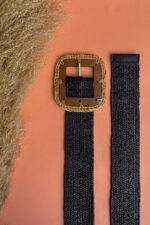 SQUARE WOODEN BUCKLE STRAW BELT BLACK - Image 4