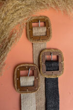 WOODEN SQUARE  BUCKLE STRAW BELT NATURAL - Image 3