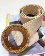 ROUND WOODEN BUCKLE STRAW BELT BEIGE