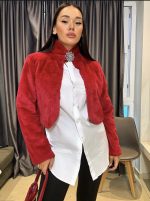 FAUX FUR BOLERO COAT WITH RHINESTONE PIN RED