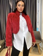 FAUX FUR BOLERO COAT WITH RHINESTONE PIN RED - Image 2