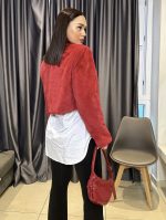 FAUX FUR BOLERO COAT WITH RHINESTONE PIN RED - Image 3
