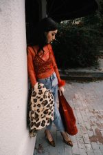 SEE THROUGH RED TOP WITH FEATHER DETAILS