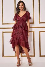 CRINKLE LUREX HIGH LOW LAYERED MIDI DRESS WINE RED