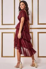 CRINKLE LUREX HIGH LOW LAYERED MIDI DRESS WINE RED - Image 2