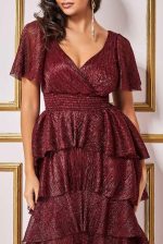CRINKLE LUREX HIGH LOW LAYERED MIDI DRESS WINE RED - Image 3