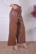 NIKKI FAUX LEATHER WIDE LEG TROUSERS BROWN - Image 2