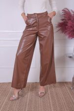 NIKKI FAUX LEATHER WIDE LEG TROUSERS BROWN - Image 3