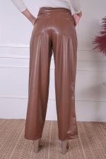 NIKKI FAUX LEATHER WIDE LEG TROUSERS BROWN - Image 4